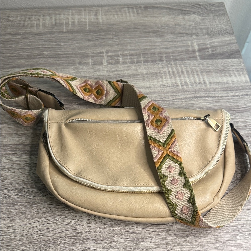 Beige Crossbody Bag with Patterned Strap